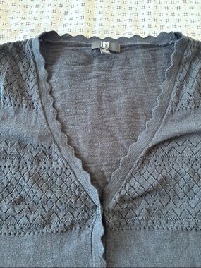 Frye pointelle cardigan, scalloped trim, neck, black, cotton, size XL